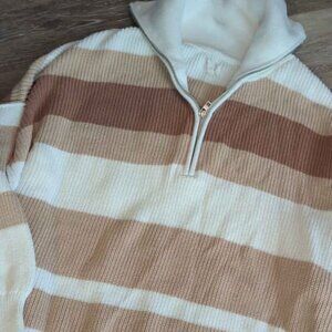 Aerie Beyond Quarter Zip Sweater Toasty Combo Tan Brown Stripe Size large